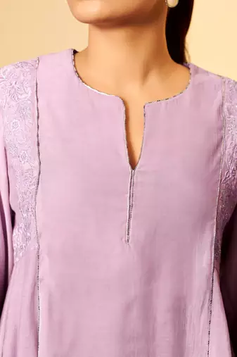 Pastel lilac embroidered chanderi suit set with dupatta