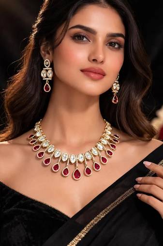 Polki kundan ruby necklace set | indian bridal choker necklace earrings
