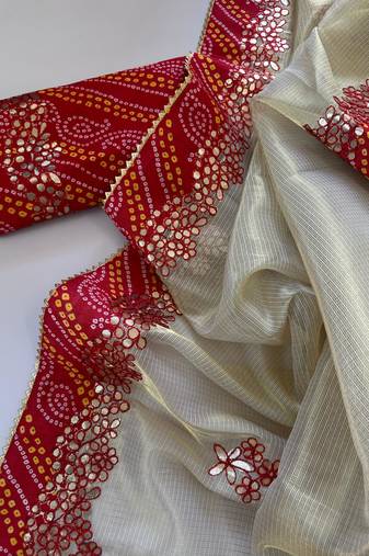 Cream color  Bandhani print with gota patti work kota Doriya