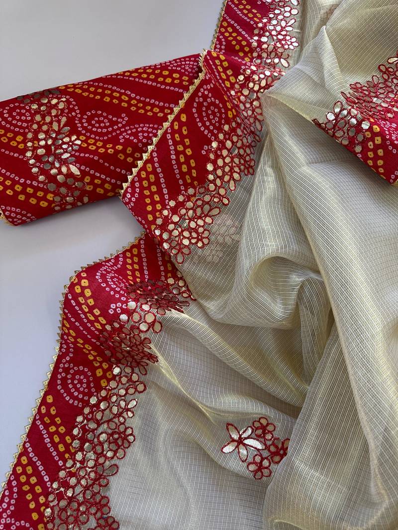 Cream color  Bandhani print with gota patti work kota Doriya