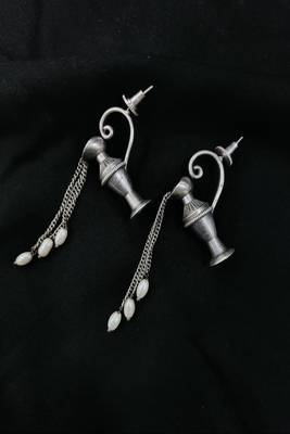 Surrealist silver pitcher earrings with pearl water drops, renaissance style teapot dangle earrings 4