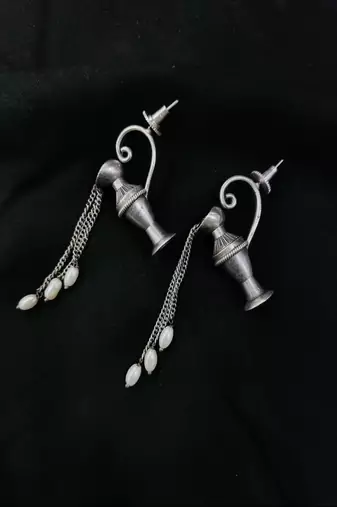 Surrealist silver pitcher earrings with pearl water drops, renaissance style teapot dangle earrings