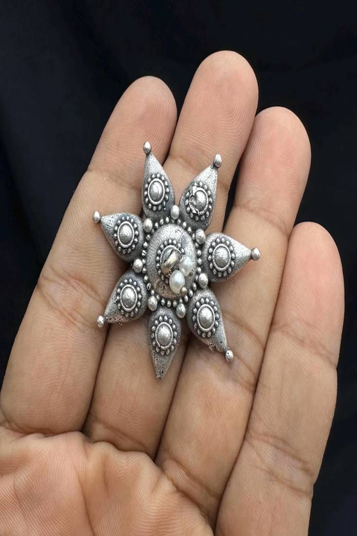 Oxidised silver floral statement ring for women | handmade ethnic boho adjustable finger ring