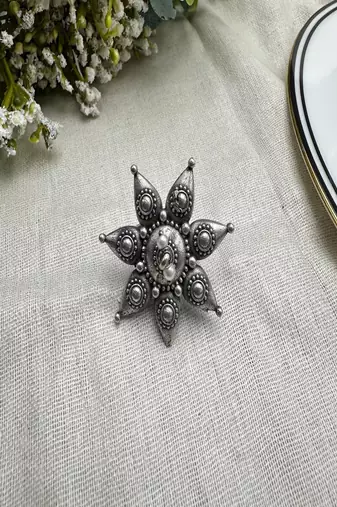 Oxidised silver floral statement ring for women | handmade ethnic boho adjustable finger ring