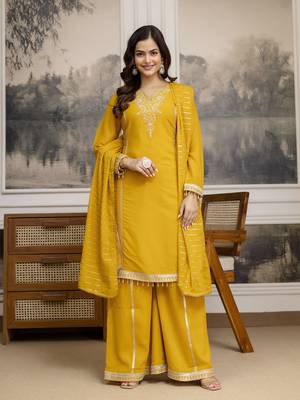 Yellow Star Georgette Beads Embroidery Work Kurta Palazzo with Dupatta For Women 1