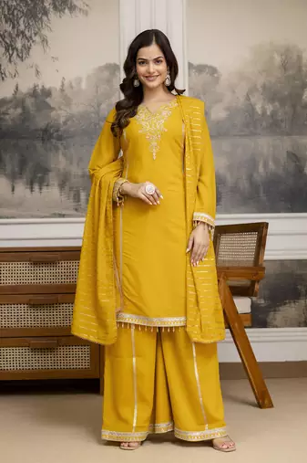 Yellow Star Georgette Beads Embroidery Work Kurta Palazzo with Dupatta For Women