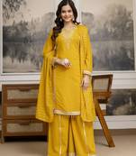 Yellow Star Georgette Beads Embroidery Work Kurta Palazzo with Dupatta For Women