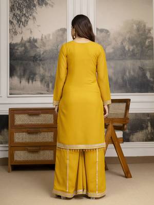 Yellow Star Georgette Beads Embroidery Work Kurta Palazzo with Dupatta For Women 2