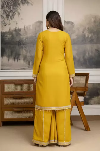 Yellow Star Georgette Beads Embroidery Work Kurta Palazzo with Dupatta For Women