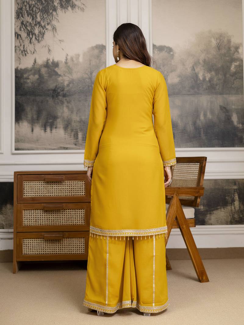 Yellow Star Georgette Beads Embroidery Work Kurta Palazzo with Dupatta For Women