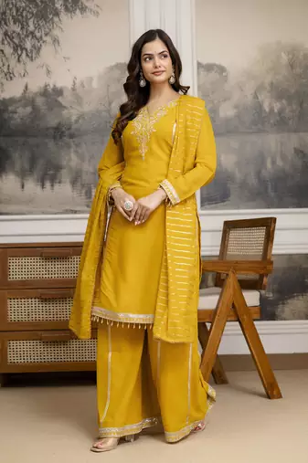 Yellow Star Georgette Beads Embroidery Work Kurta Palazzo with Dupatta For Women