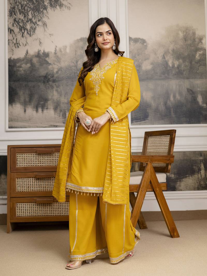 Yellow Star Georgette Beads Embroidery Work Kurta Palazzo with Dupatta For Women