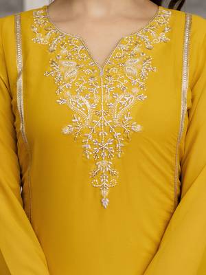Yellow Star Georgette Beads Embroidery Work Kurta Palazzo with Dupatta For Women 4