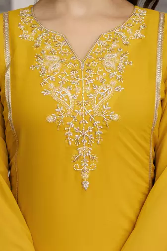 Yellow Star Georgette Beads Embroidery Work Kurta Palazzo with Dupatta For Women
