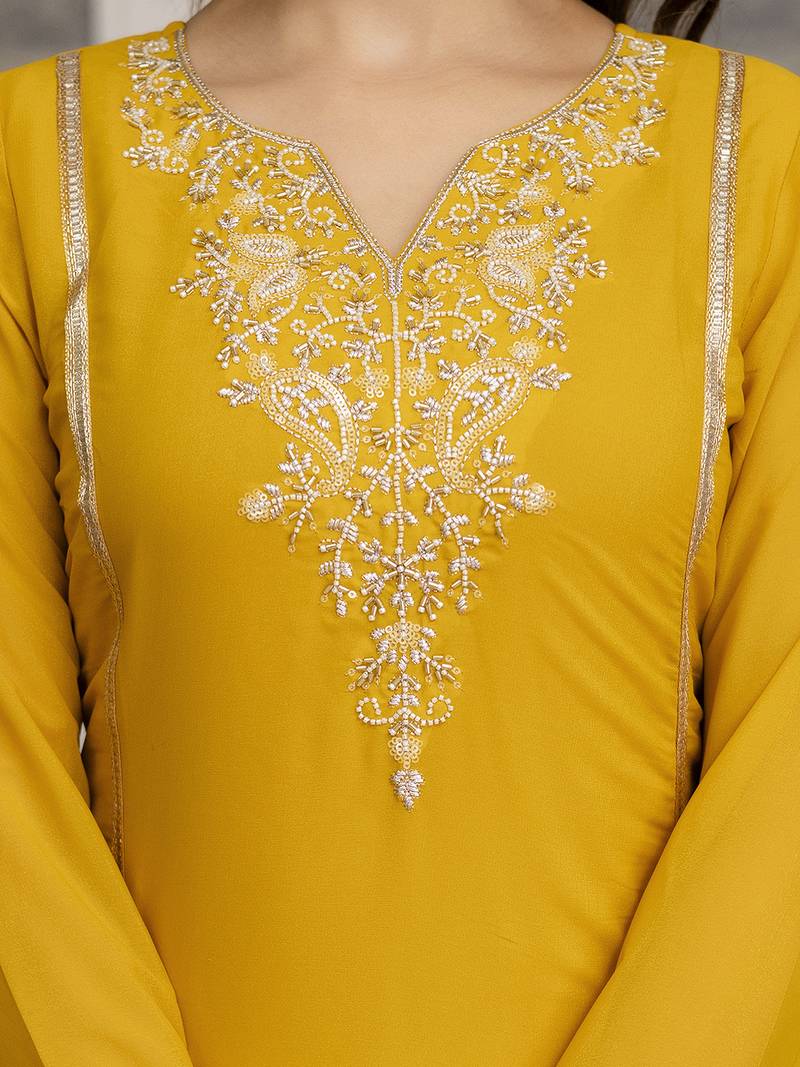 Yellow Star Georgette Beads Embroidery Work Kurta Palazzo with Dupatta For Women