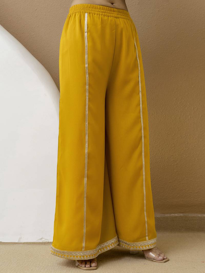 Yellow Star Georgette Beads Embroidery Work Kurta Palazzo with Dupatta For Women