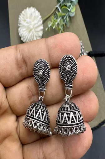 Handcrafted silver multi layered matar mala necklace set oxidized indian mohanmala jewelry with jhumka
