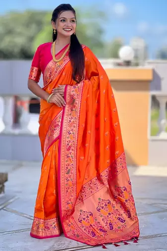 Orange Color Meenakari weawing  border Pethani silk saree