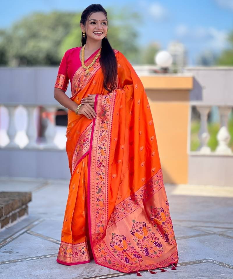 Orange Color Meenakari weawing  border Pethani silk saree