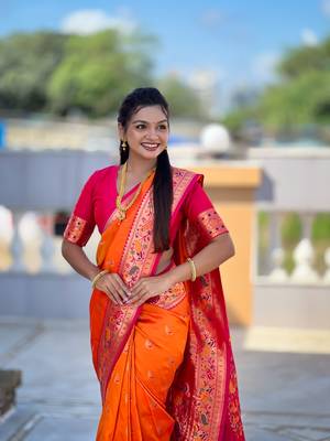 Orange Color Meenakari weawing  border Pethani silk saree 2