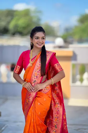 Orange Color Meenakari weawing  border Pethani silk saree