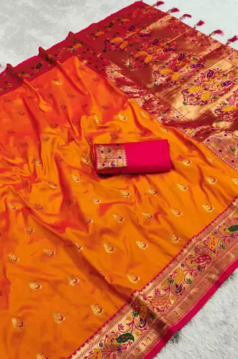 Orange Color Meenakari weawing  border Pethani silk saree
