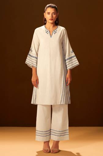 White and blue embroidered cotton coord set