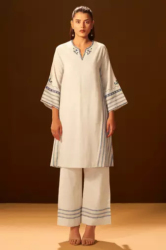 White and blue embroidered cotton coord set