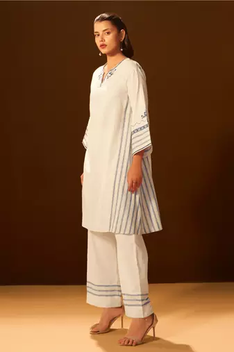 White and blue embroidered cotton coord set