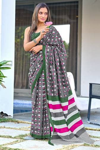 Cartoon hand block mulmul cotton sarees