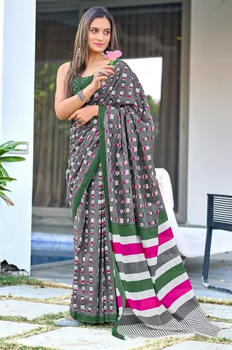 Cartoon hand block mulmul cotton sarees