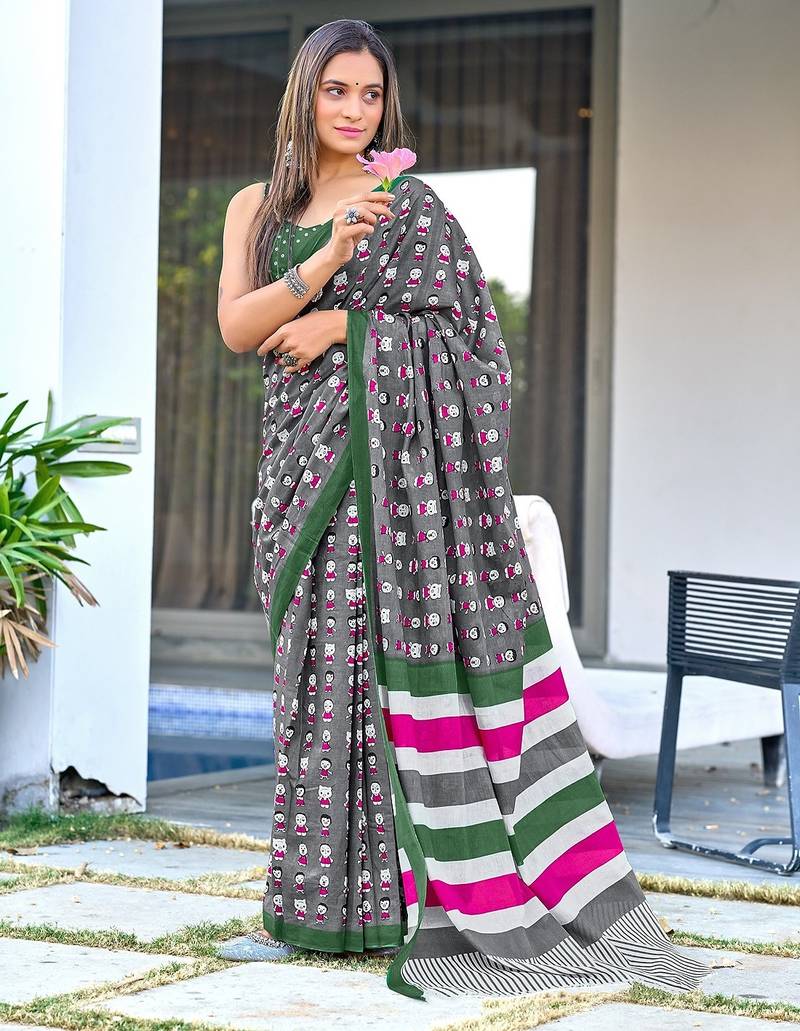 Cartoon hand block mulmul cotton sarees