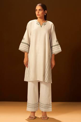 Ivory embroidered linen blend coord set