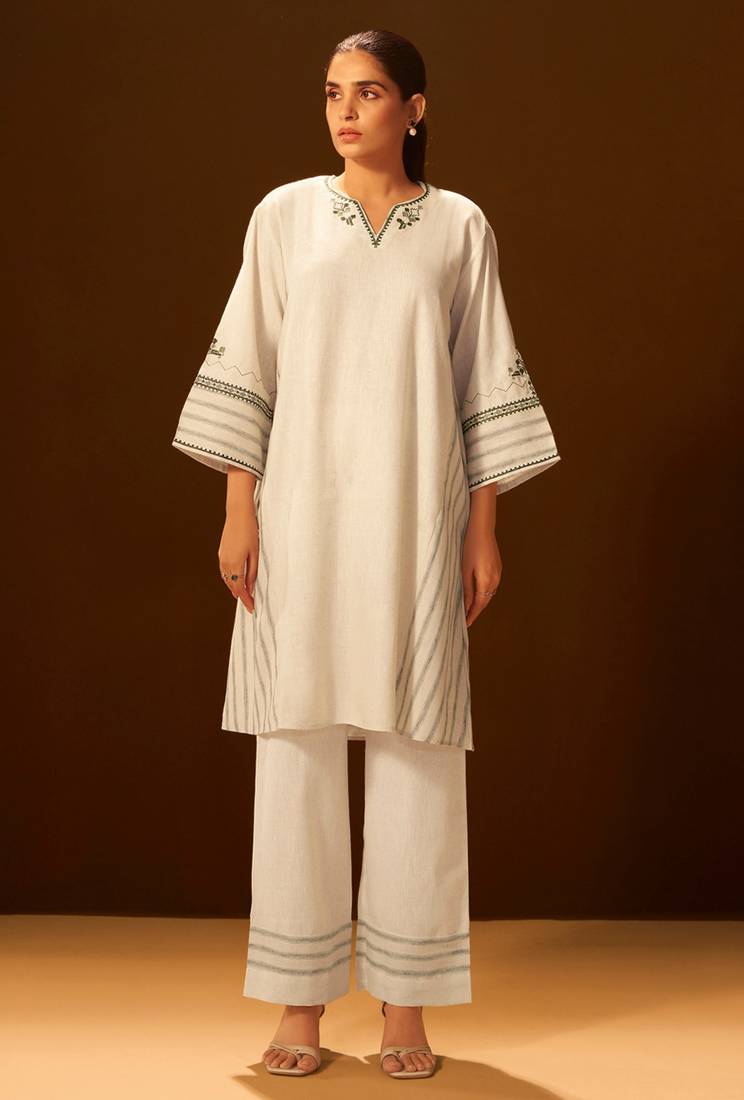 Ivory embroidered linen blend coord set