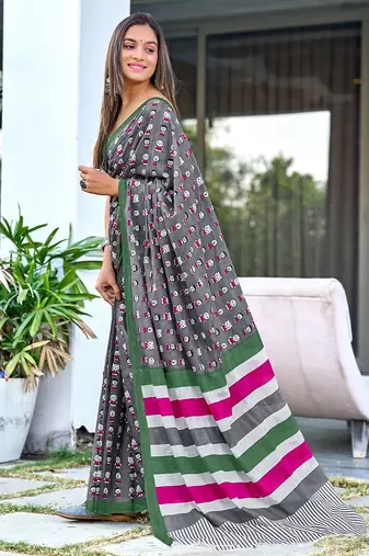 Cartoon hand block mulmul cotton sarees