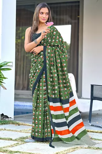 Cartoon hand block mulmul cotton sarees