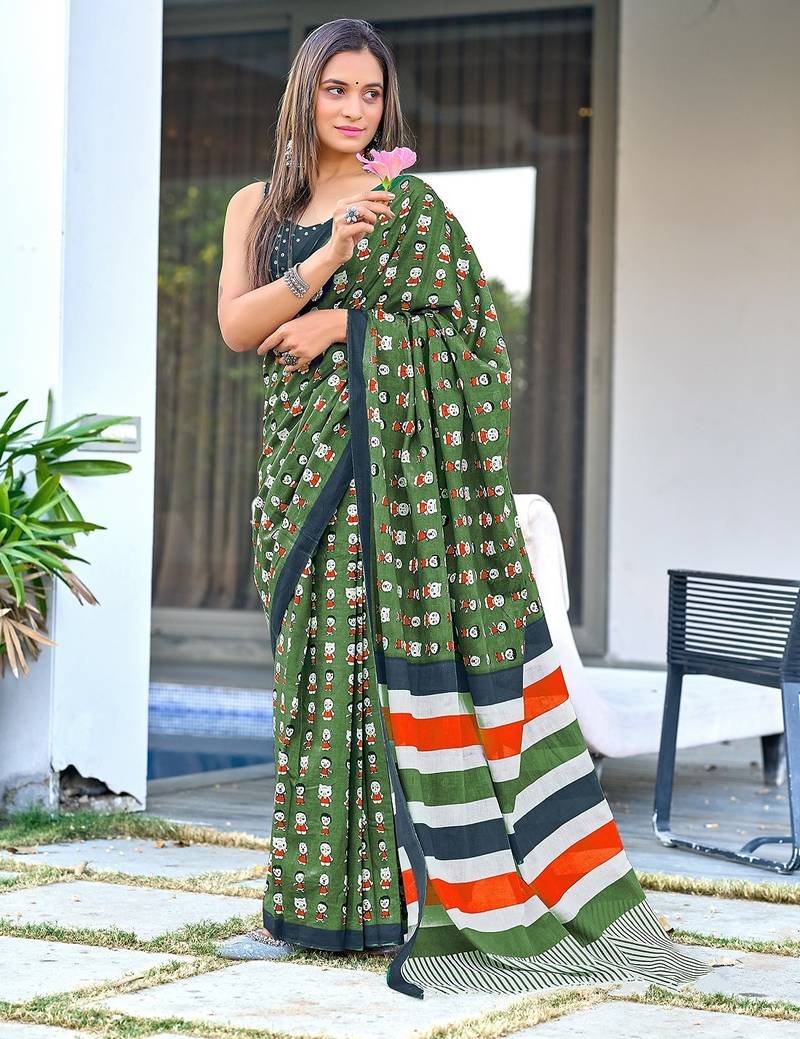 Cartoon hand block mulmul cotton sarees