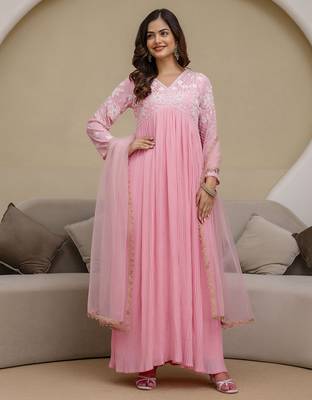 Pink Georgette Beads Embroidery Work Anarkali Kurta Pant with Dupatta For Women 1