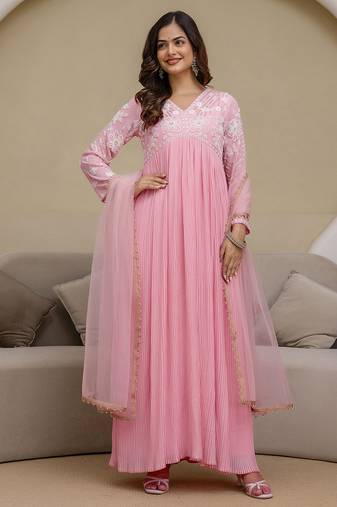 Pink Georgette Beads Embroidery Work Anarkali Kurta Pant with Dupatta For Women
