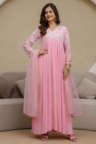 Pink Georgette Beads Embroidery Work Anarkali Kurta Pant with Dupatta For Women