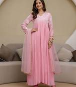 Pink Georgette Beads Embroidery Work Anarkali Kurta Pant with Dupatta For Women