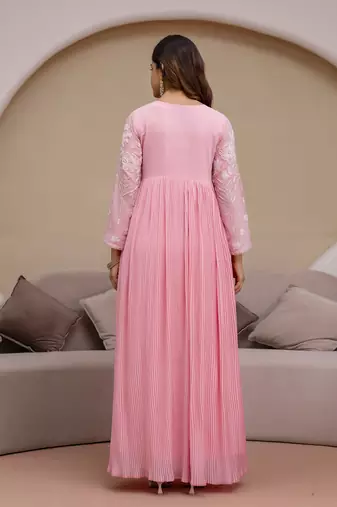 Pink Georgette Beads Embroidery Work Anarkali Kurta Pant with Dupatta For Women