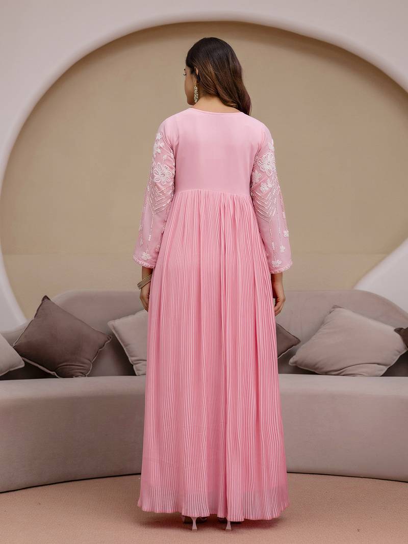 Pink Georgette Beads Embroidery Work Anarkali Kurta Pant with Dupatta For Women