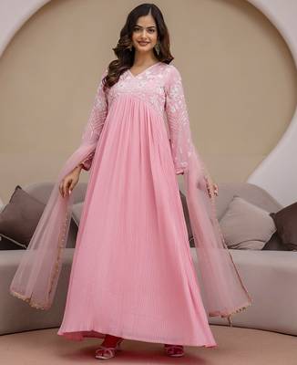 Pink Georgette Beads Embroidery Work Anarkali Kurta Pant with Dupatta For Women 3