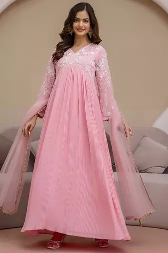 Pink Georgette Beads Embroidery Work Anarkali Kurta Pant with Dupatta For Women