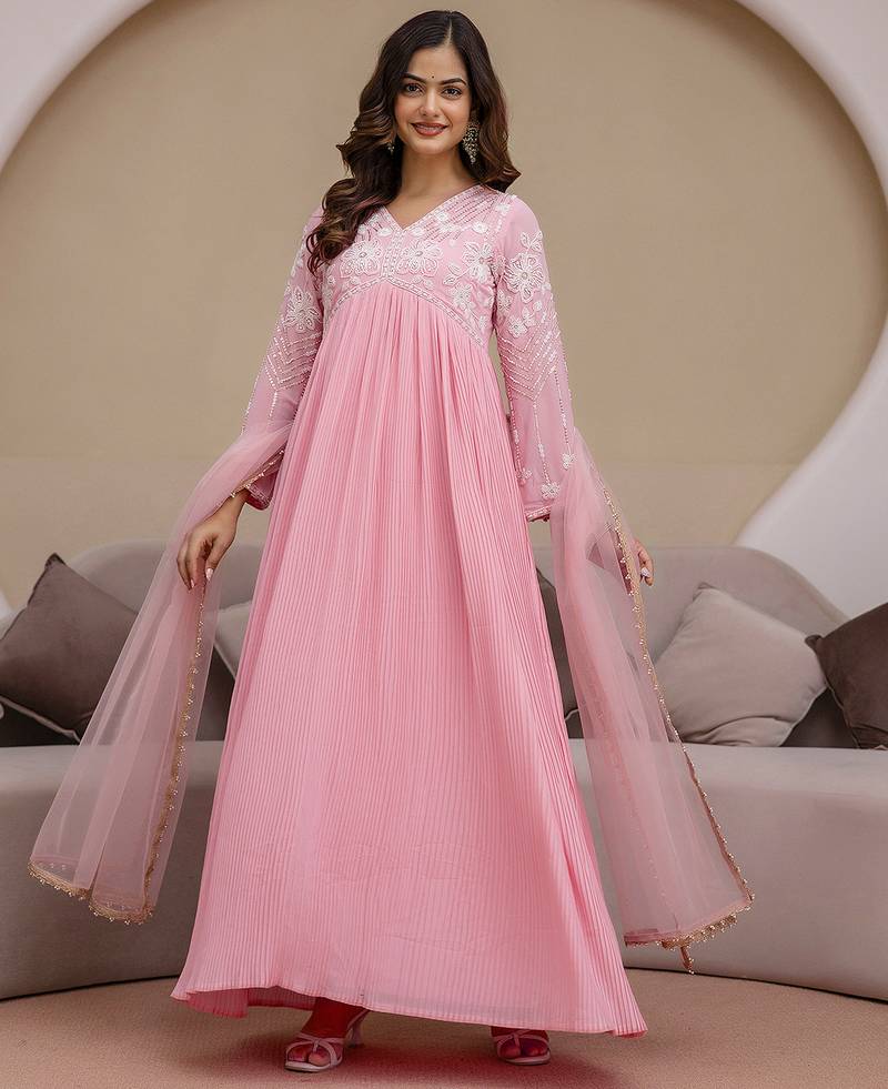 Pink Georgette Beads Embroidery Work Anarkali Kurta Pant with Dupatta For Women