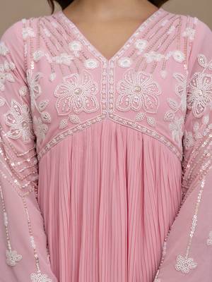 Pink Georgette Beads Embroidery Work Anarkali Kurta Pant with Dupatta For Women 4