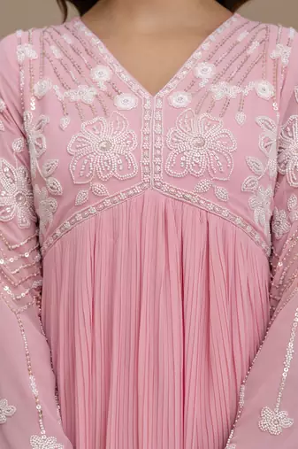Pink Georgette Beads Embroidery Work Anarkali Kurta Pant with Dupatta For Women