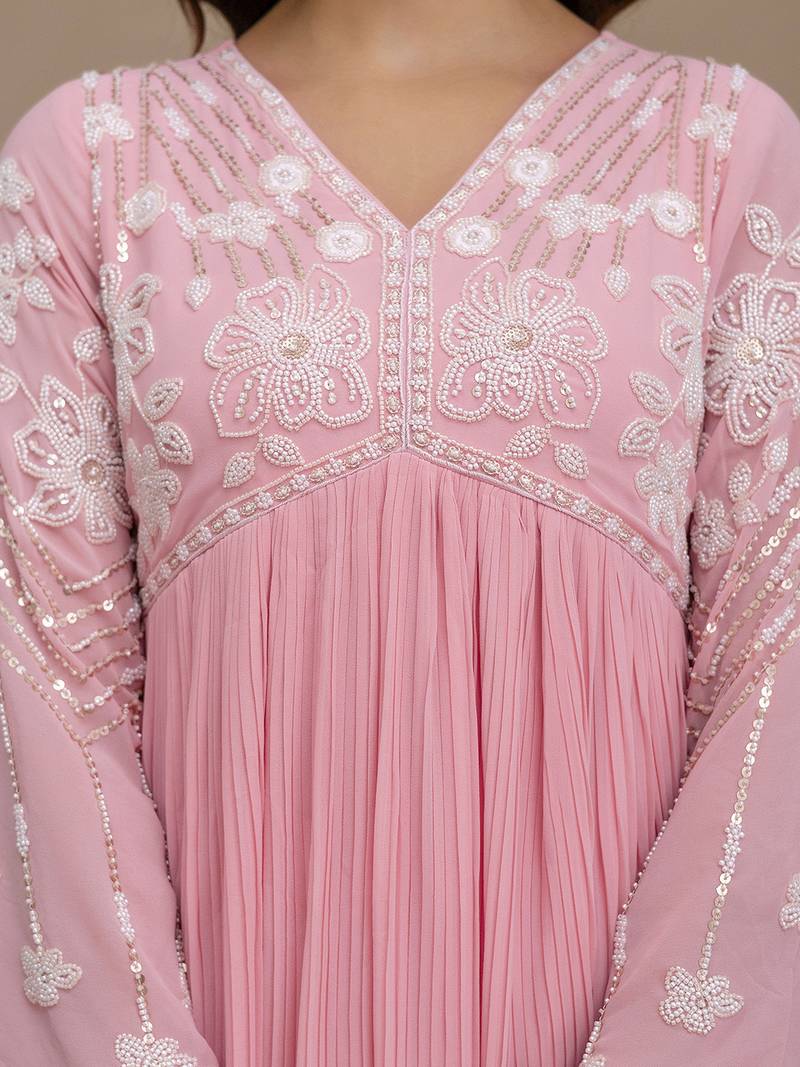 Pink Georgette Beads Embroidery Work Anarkali Kurta Pant with Dupatta For Women