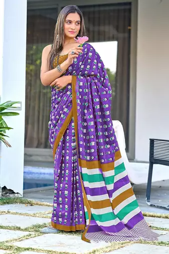 Cartoon hand block mulmul cotton sarees